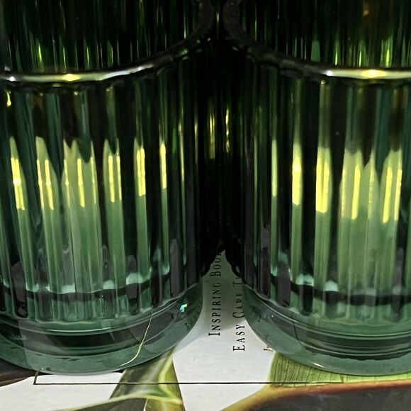 Ribbed Glass Votive Candle Holder Set of 2 Emerald Green Round Home Decor - Picture 9 of 15